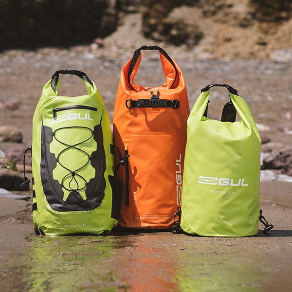3 gul dry bags on beach, click for dry bags